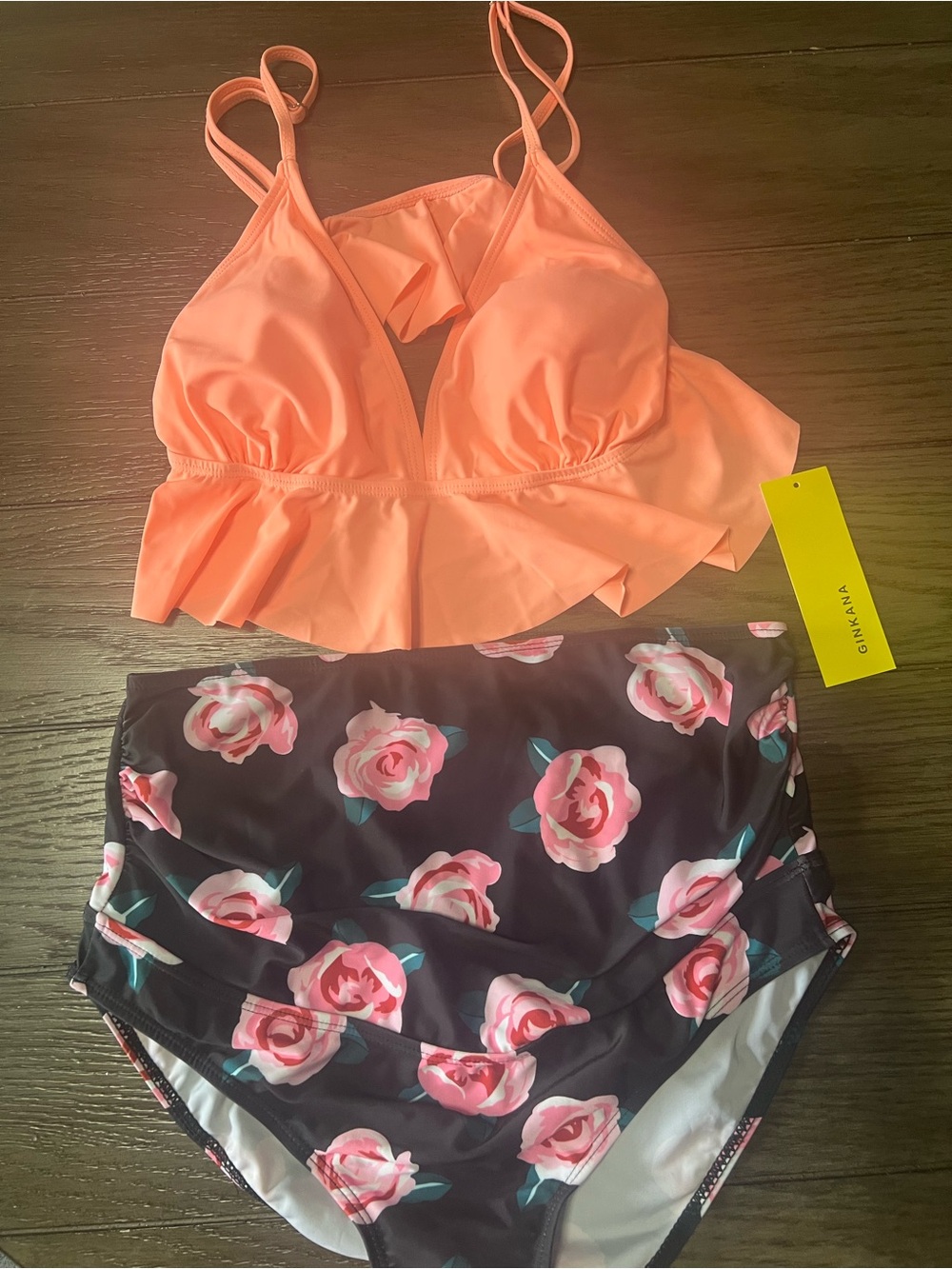 Gimmana Peach Ruffle Bralette & Floral High-Waist Bikini Set